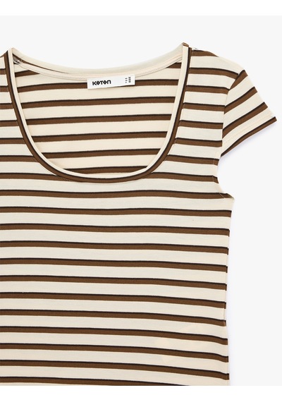 Koton Slim Fit U Yaka Kısa Kollu Çizgili Tişört Kahverengi Çizgili 6sak50460ek