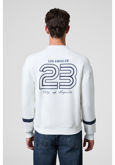 Grimelange Camden Erkek Önü Kolları Ve Sırtı Baskılı Oversize Fit Bisiklet Yaka Beyaz Sweatshirt Beyaz