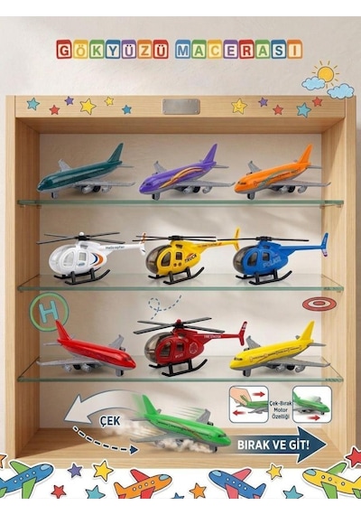 Gökyüzü Macerası 8cm 10 Parça Çek Bırak Motorlu Uçak Ve Helikopterli Oyuncak Hava Araçları Seti