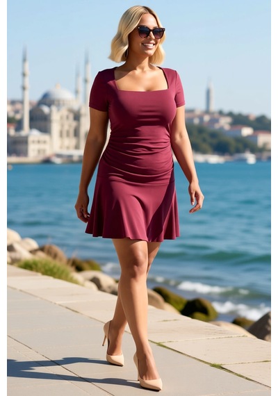 Benerly Kadın Büyük Beden Kare Yaka Kısa Kollu A-line Kesim Likralı Penye Bordo