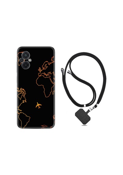 Xiaomi Poco M5 Kılıf İpli Boyun Askılı Desenli Silikon Harita ve Uçak 1777