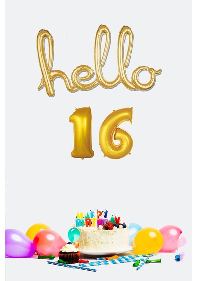 16 Yaş Doğum Günü Balonları - Hello 16 El Yazısı Gold Renk Folyo Balon Gold