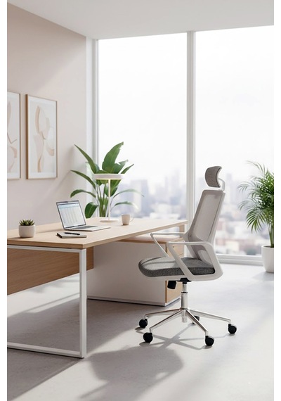 Ofisbazaar Lizz Beyaz Fileli Yönetici Koltuğu Ergonomik Başlıklı Ofis Koltuğu Gri Gri