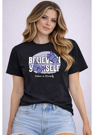 Herkesemoda Believen Yourself Baskı Detaylı Basic T-shirt Siyah
