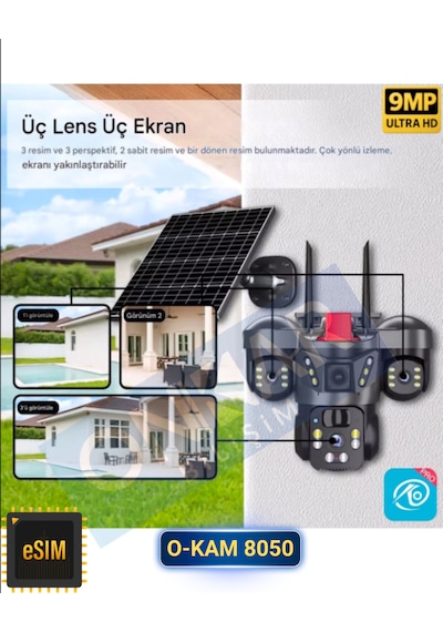 O-kam 8050 9mp Lens 3 Kamera 4g Esim Destekli Solar Güneş Enerjili Akıllı Güvenlik Kamerası