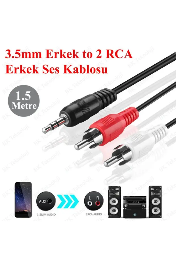 1.5 Metre 3.5mm 2rca Jak Kablosu Stereo Splitter Aux Profesyonel Av Kablosu Dvd Tv Cd Ses Kablosu 1.5 M
