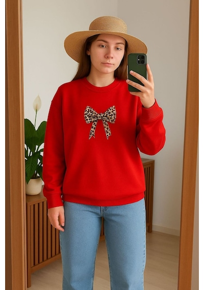 Benroma 3 İplik Penye Kurdela Baskılı Unisex Sweatshırt Kırmızı