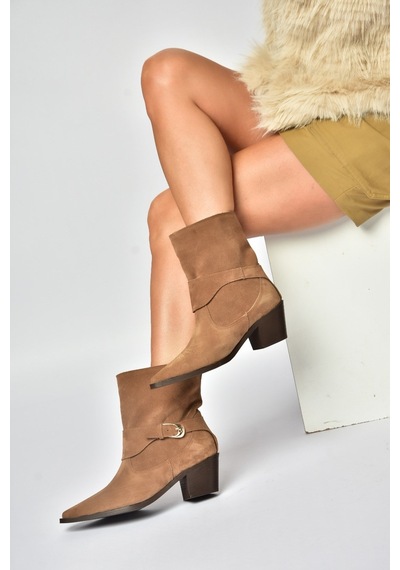 Fox Shoes Z654037761 Vizon Hakiki Deri Süet Alçak Topuklu Western Kadın Bot