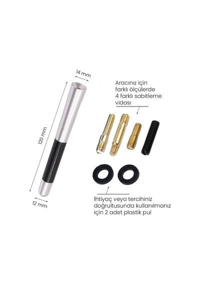 Karbon Alüminyum Spor Oto Anten 12cm Universal Evrensel Kısa Araç Anteni Gümüş Siyah Vidalı Set Gmax