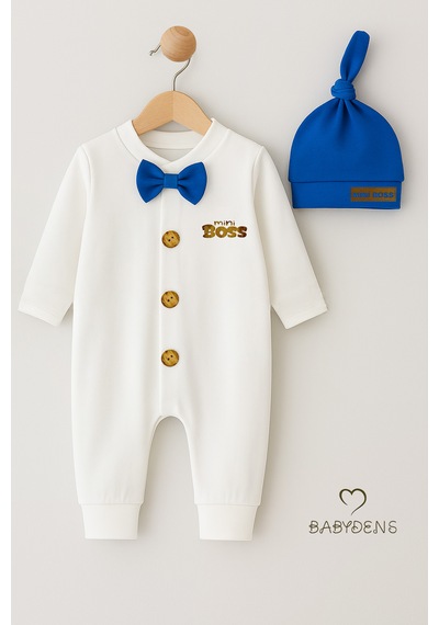 Babyden's Mini Boss Erkek Bebek Papyonlu Şapkalı Tulum Seti %100 Pamuk Hastane Çıkışı Saks Mavi