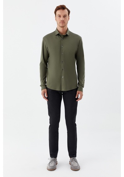 Sabri Özel Erkek Haki Dar Kesim Slim Fit %100 Pamuk Düz Dokuma Klasik Yaka Gömlek