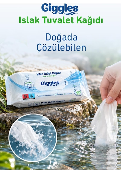 Giggles Islak Tuvalet Kağıdı Suda Çözünen Tuvalete Klozete Atılabilir Mendil 3 Paket 180 Adet