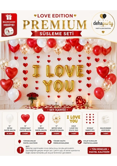 I Love You Yazısı 32 Adet Kırmızı Beyaz Kalp Balon Parti Konsepti Doğum Günü Seti Süs Evlilik Teklifi Sevgililer Günü Romantik Oda Süsleme Seti Çok Renkli