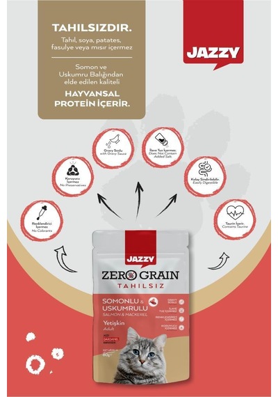 Dardanel Jazzy Zero Grain Uskumru ve Somonlu Kedi Maması Poşet 8 x 80 G