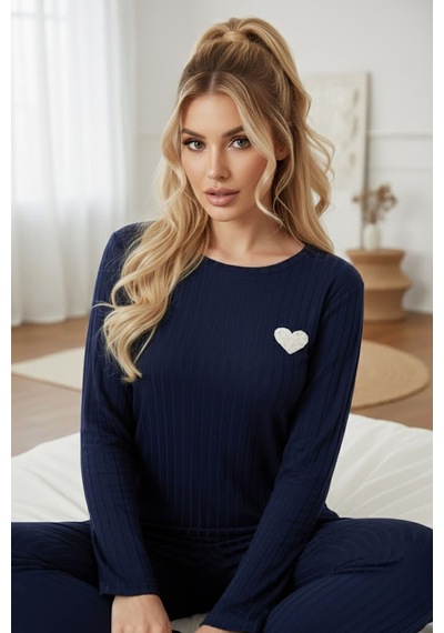 Siyah İnci Fitilli Örme Pijama Takım25226003 Lacivert
