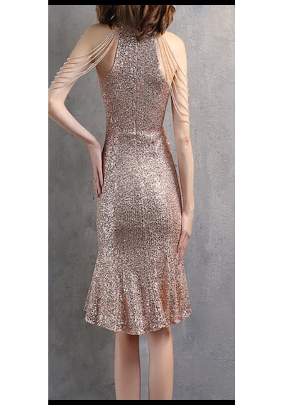 Hanife Glam Couture Hanife Glam Boncuk Detaylı Pulpayet Abiye Elbise Gold