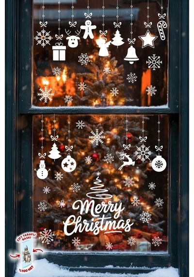 Yılbaşı Cam Süsü Sticker Seti Merry Christmas Çift Taraflı Baskı 42 Kar Tanesi Ve 34 Parça Figür Dijital Baskı