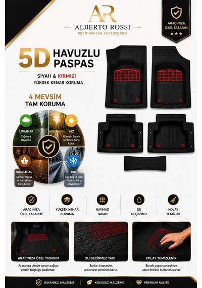 Renault Kangoo Panelvan 1997-2007 Model Uyumlu Enerji Kırmızı 5d Havuzlu Paspas Yumuşak Kaymaz Taban