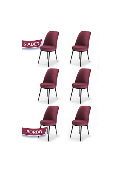 Canisa Concept Dexa Serisi, Üst Kalite Yemek Odası Sandalyesi, Metal Siyah Iskeletli, 6 Adet Bordo Sandalye Bordo Sandalye