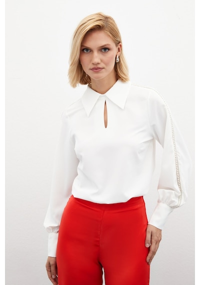 Sateen Kolları İnci Detaylı Bluz - Ekru