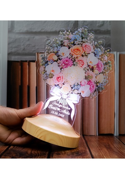 Pastel Gül Buketi Işıklı Çiçek Buketi Led Lamba - Sevgiliye, Eşe Kişiye Özel Yıl Dönümü Hediyesi Solmayan Çiçek Lambası