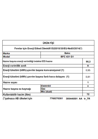 Beko BFC 431 G1 72 L Buhar Destekli Fırın
