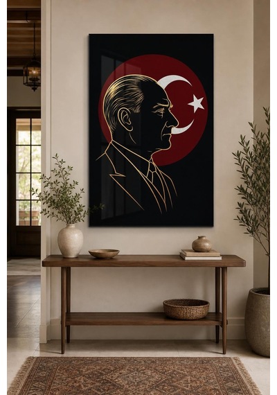 Atatürk Ve Türk Bayrağı Baskılı Cam Tablo Uv Baskı Milli Duvar Dekoru