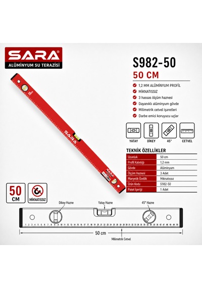 Sara S982-50 50 Cm Mıknatıssız Su Terazisi 3 Kapsüllü, 1,2 Mm Alüminyum Profil