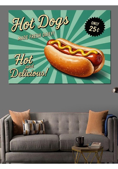 Hot Dog Sloganlı Sosisli Görselli Retro Afiş Dekoratif Kanvas - Mdf Ahşap Tablo