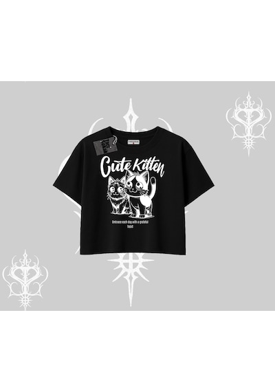 Tarzsokak Cute Kitten Yazılı Sevimli Kedi Baskılı Oversize Crop Tshirt Siyah