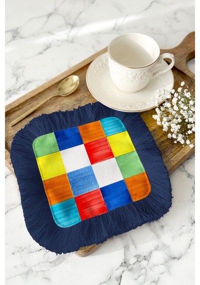 Renkli Patchwork Saçaklı Sunum Servis Altlığı Mendil - Modern Enerjik Lacivert Sunumluk Peçete Gün Batımı Krem