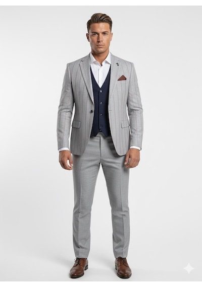 Erkek Çizgili Takım Elbise 3 Lü Set Ceket + Yelek + Pantolon Slim Fit İtalyan Tarz Gri