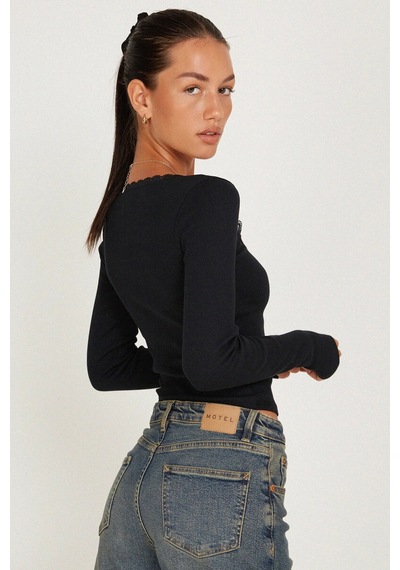 Kadın Siyah Kare Yaka Dantelli Uzun Kollu Crop Top Bluz