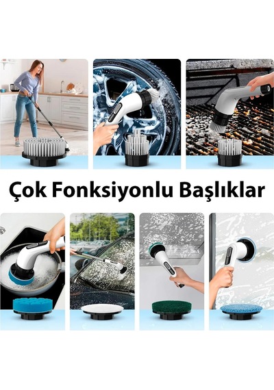 9'u 1 Arada Çok Amaçlı Kablosuz Şarjlı Temizlik Fırçası Ip67 Yıkanabilir Başlık