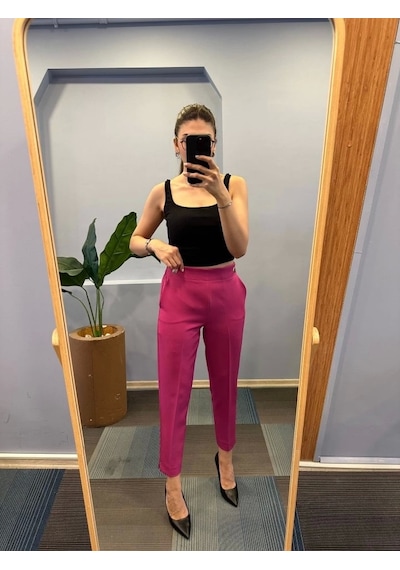 Defymoda Bel Lasti Kli Düğmeli Pantolon Koyu Fuşya