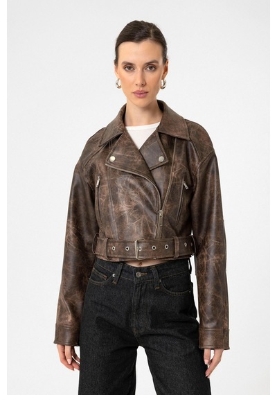 Antioch Kadın Suni Deri Crop Biker Ceket Kahve
