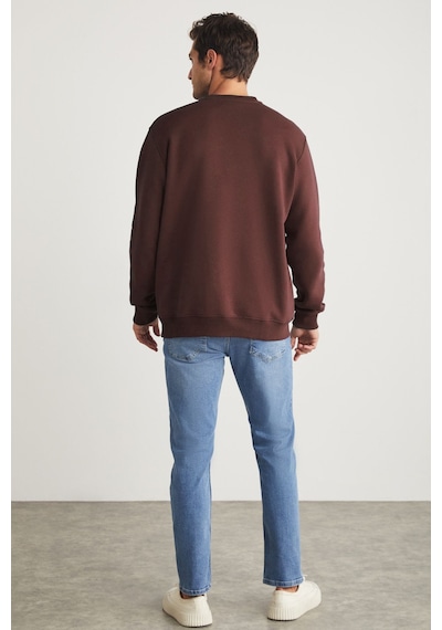 Grimelange GRIMELANGE Travıs Erkek Organik Kumaşlı Yumuşacık Regular Fit Yuvarlak Yakalı Kahverengi Sweatshirt Kahverengi