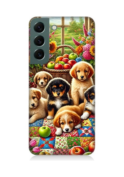 Samsung Galaxy S22 Uyumlu Çiçek Bahçesinde Yavru Köpekler Desenli Silikon Kılıf Çok Renkli