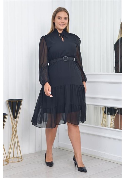 Neşeli Butik Kadın Gipeli Midi Boy Büyük Beden Şifon Elbise Nm7156 Siyah
