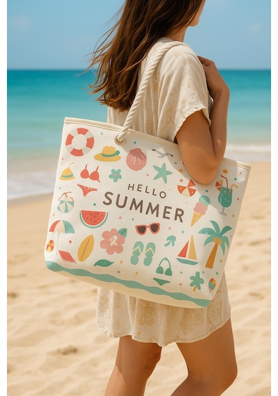 Prendi Home Hello Summer Desenli Büyük Boy Piknik Ve Plaj Çantası Halat Saplı 55x36x15 Cm Çok Renkli