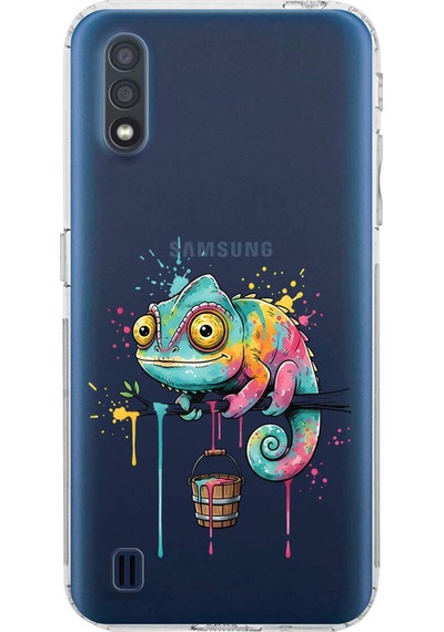 Samsung Galaxy A01 İle Uyumlu Splash Bukalemun Tasarımlı Şeffaf Silikon Kılıf Şeffaf