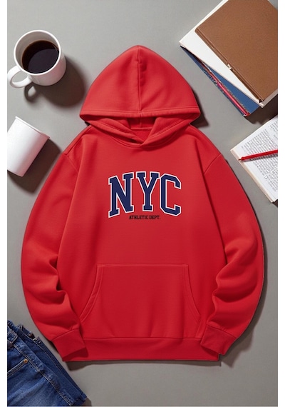 Uyguntarz Unisex Nyc Tasarım Baskılı Kapüşonlu Sweatshirt Kırmızı