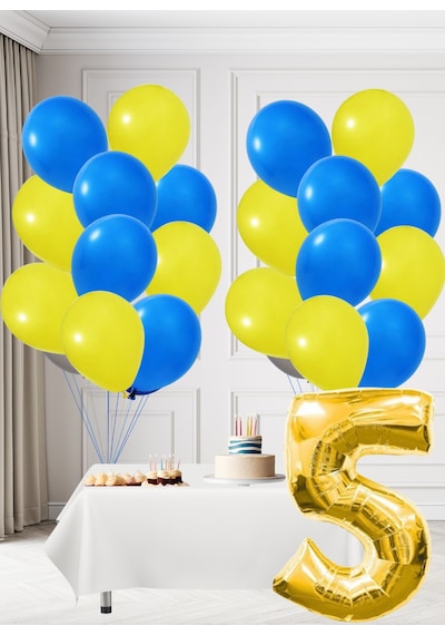 5 Yaş Sarı Lacivert Taraftar Temalı Doğum Günü Seti Sarı Lacivert Balonlar Altın Folyo Rakam Sarı