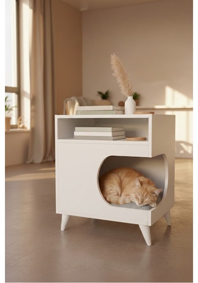 Minderli Kedi Evi, Yan Sehpa, Çok Amaçlı Sehpa, Modern Kedi Yuvası 59x60 Cm, Minder Dahil