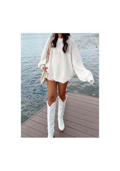 Sayzen Your Shine Selanik Örgülü Oversize Bisiklet Yaka Oversize Kadın Kazak Beyaz Sayzen Your Shine Selanik Örgülü Oversize Bisiklet Yaka Oversize Kadın Kazak Beyaz