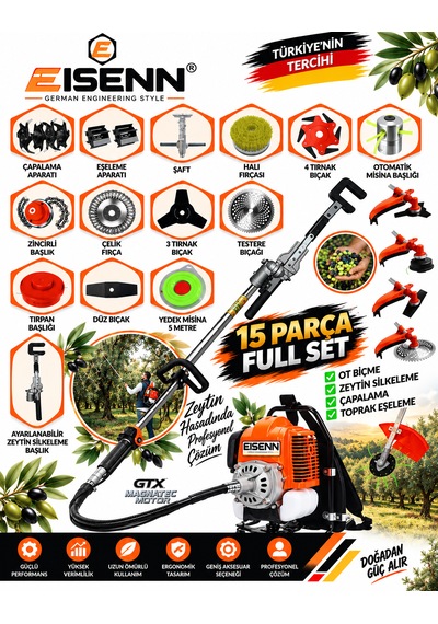 Agronex-15x 15 Parça Full Set Sırt Tipi Zeytin Silkeme Hasat Toplama +çapalama Gtx Seri Tırpan Motoru