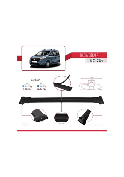 Dacia Dokker 2012 Ve Sonrası İle Uyumlu Fly Model Ara Atkı Tavan Barı Siyah 3 Adet Bar