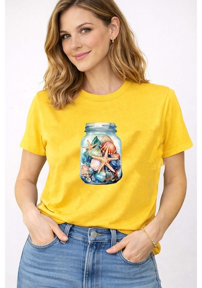 Herkesemoda Kadın Yazlık Deniz Temalı Baskı Detaylı Bisiklet Yaka Pamuklu T-shirt Sarı