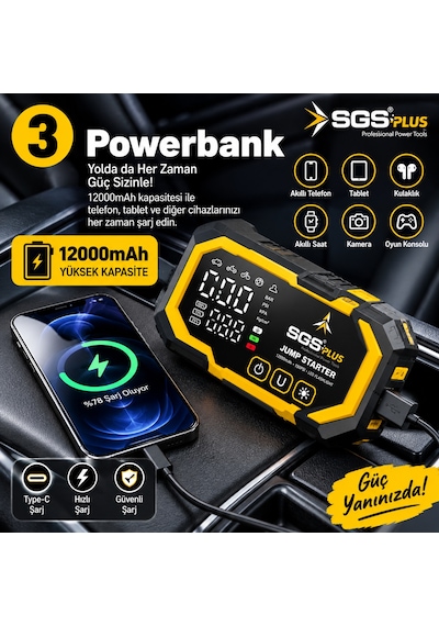 Sgs Plus 4'ü 1 Arada Akım Korumalı Akü Takviye Cihazı 12.000 Mah Powerbank, 150 Psı Lastik Şişirme, Led Fener