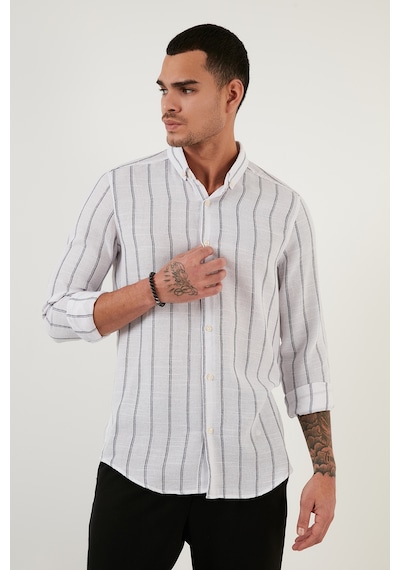 Buratti Pamuklu Çizgili Regular Fit Düğmeli Yaka Erkek Gömlek Cf21S112480 Beyaz-Lacivert